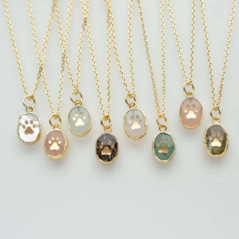 Natural Gemstone Paw Print Necklace Pet Owner Lover Pendant Necklace Gift