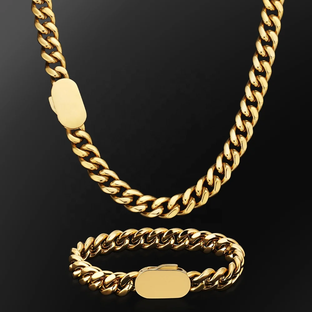 

KRKC Hip Hop Custom Logo 316L Stainless Steel PVD 18K Gold Plated Miami Cuban Link Chain Bracelet Necklace For Men