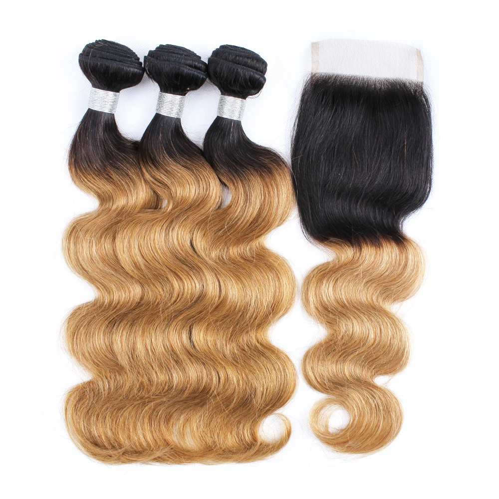 

Free Shipping Colored Brazilian Ombre Human Hair Straight T1b/27 Dark Roots Blond 3 Bundles with Lace Closure, 1b/27