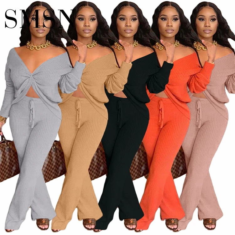 

High Quality Personality Thicken Deep V Neck Sexy Two Piece Crop Top Flare Pant Set Girls Clothing Sets 2021