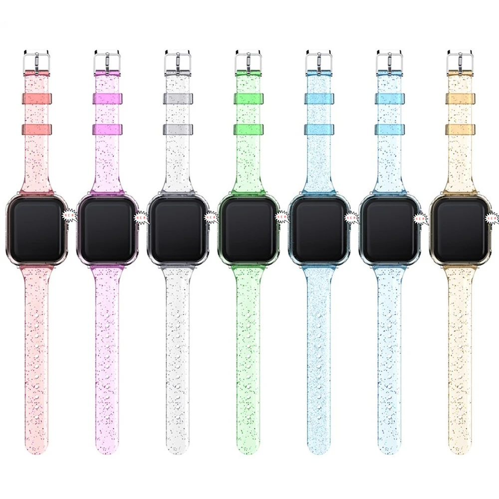 

Transparent Glitter Silicone Apple Watch Strap 44mm 42mm 40mm 38mm Band For iWatch 6/SE/5/4/3/2/1/T500/W26/W46/FT50, Multi color