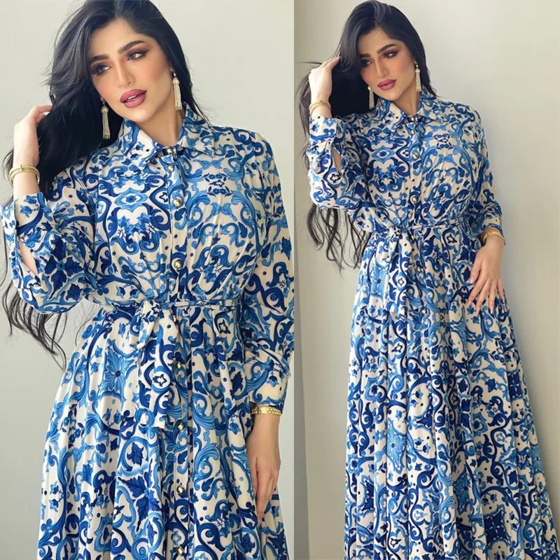 

Pakistani women's elegant dresses Arab blue print skirt fashion casual dresses