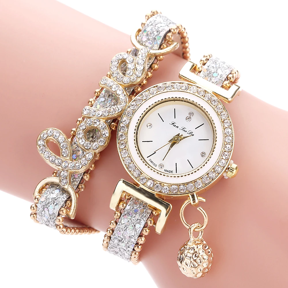 

Women Bracelet Watches Ladies Love Leather Strap Rhinestone Quartz Wrist Watch Luxury Fashion Quartz Watch