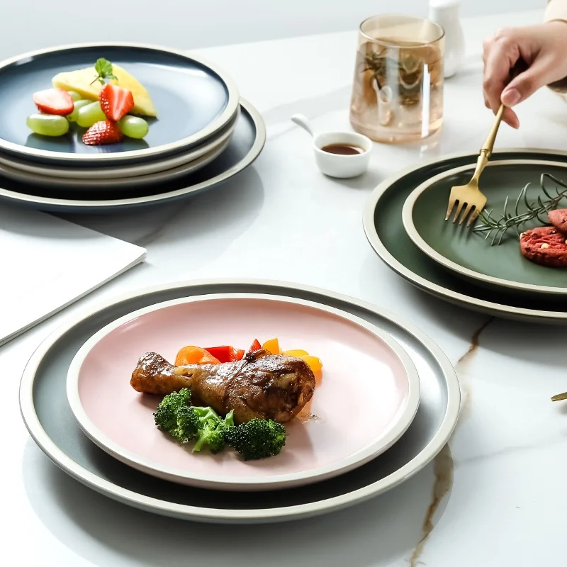 

European Tableware Nordic Dining Morandi Color Matte Ceramic Steak Plate, Dinnerware Porcelain Shallow Plate