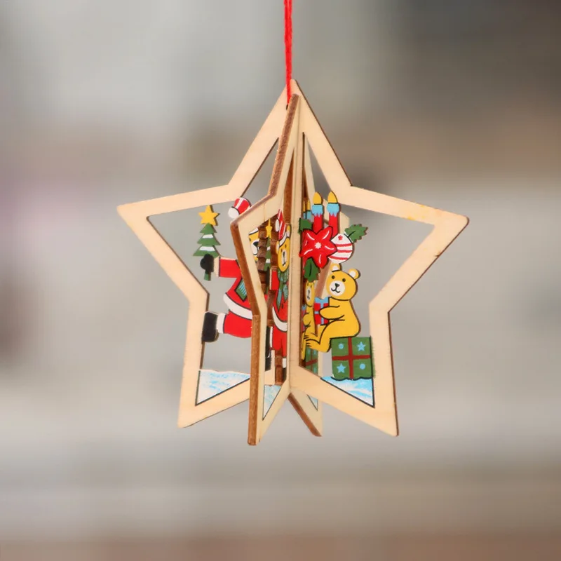 2D 3D Christmas Ornament Wooden Hanging Pendants Star Xmas Tree Bell Christmas Decorations For Home Party New Year
