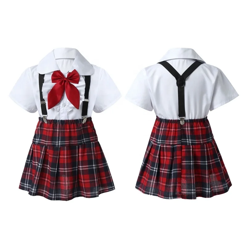 

Kids Girls White Shirt Tops with Plaid Pleated Skirt Casual British Style School Uniform Set