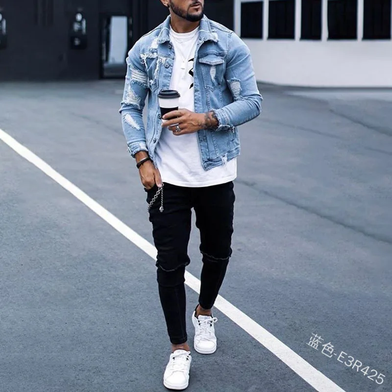 

D 2021 new trend hip-hop style men's denim jacket ripped washed jacket