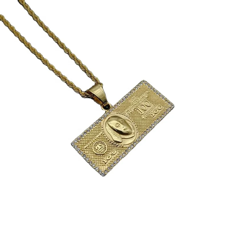 

HIPHOP Jewelry Titanium Steel Gold plated Coin Pendant NecKLACE Set with Diamond