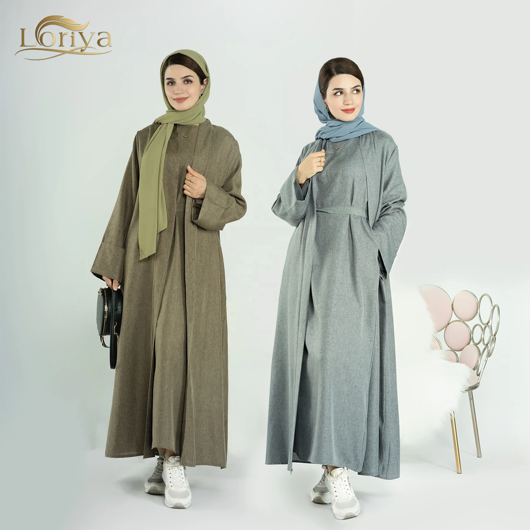 Loriya Solid Color Breathable Abaya Dubai Women Soft Linen Open Abaya Modest Muslim Dress Women's Clothing