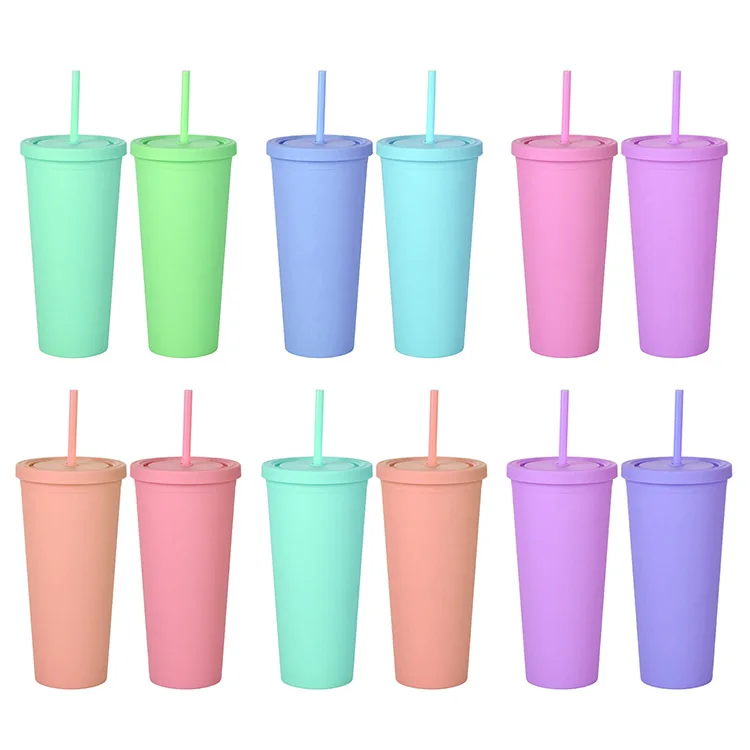 

Tumblers with Lids (4 pack) 16oz Colored Acrylic Reusable Cups with Lids and Straws Double Wall Matte Plastic Bulk Tumblers, Customized color acceptable