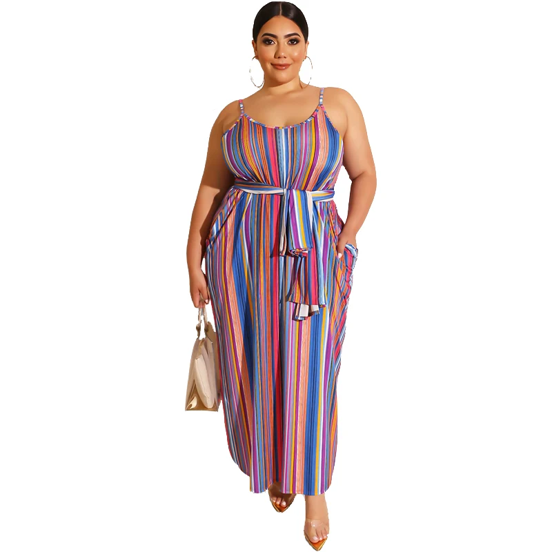 

19258 Cross-border New Large Size Women's Striped Loose Belted Sling Dress Summer Europe and America Amazon, Pink, apricot, blue, yellow, rose red