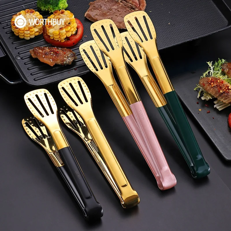 

WORTHBUY colorful 9/12 inch steak bread meat serving cooking tongs 304 stainless steel food tongs for kitchen accessories, Gold, green;pink, black