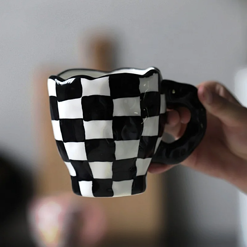 

Best Quality Drink Ware Hand Made Mug Coffee Cup Hand Painted Mug Ceramic Hand Painted Irregular Grid Checkerboard Mug, Green,pink,purple,black