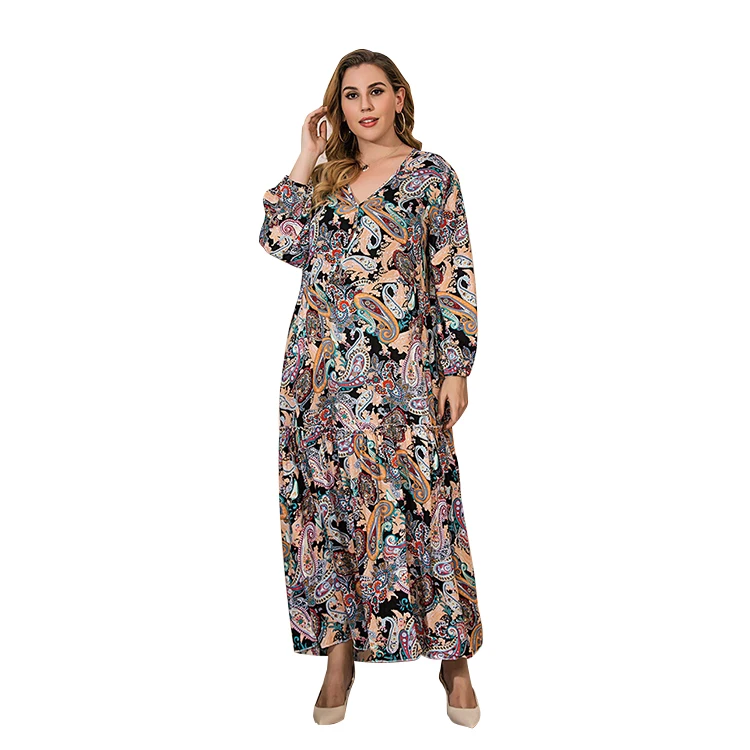 

Retro Paisley Plus Size Dress Loose Long Sleeves Bohemia Contrast Color Printed Fitted Women Ruffle Sleeves Elegant Long Dress