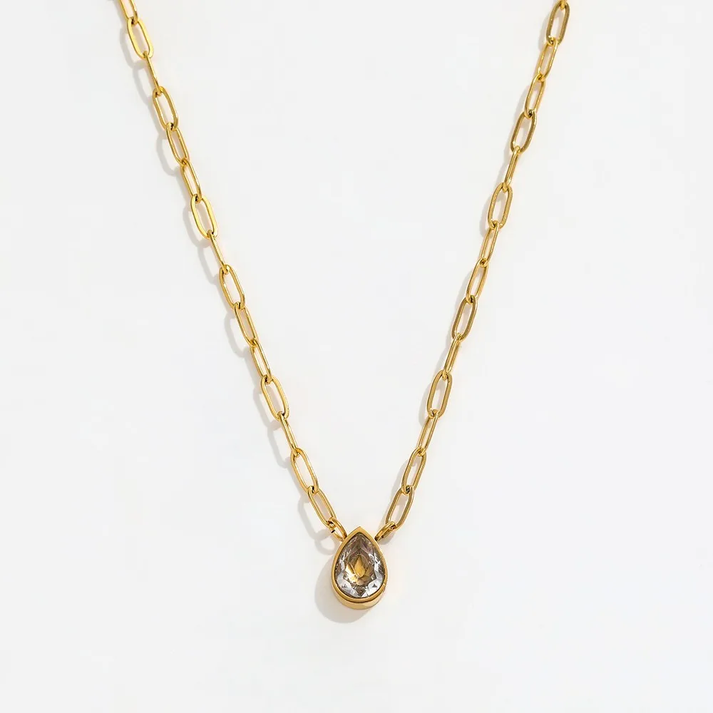 Joolim Jewelry 18K Gold Plated Stainless Steel Zirconia Oval & Water Drop Pendant Paper Clip Chain Necklaces Trendy Jewelry