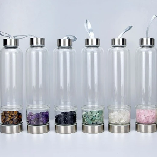 

Hot Sale Natural Crystal Quartz Gravel Infused Gemstone Crystal Glass Water Bottle, White