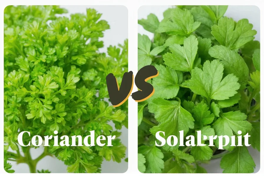 Fresh cilantro leaves and coriander seeds side by side