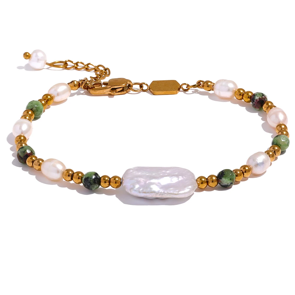 

JINYOU 914 Luxury Baroque Natural Epidote Stone Freshwater Pearls Handmade Stainless Steel Beads Bracelet Bangle PVD Jewelry