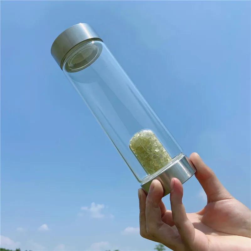 

Wholesale Gem Drink Healing Stones Obelisk Point Crystal Tea Cup Infused Elixir Energy Glass Custom Crystal Water Bottle
