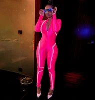 

Women long sleeve Black and pink playsuit reflective strips tight outfit jumpsuit