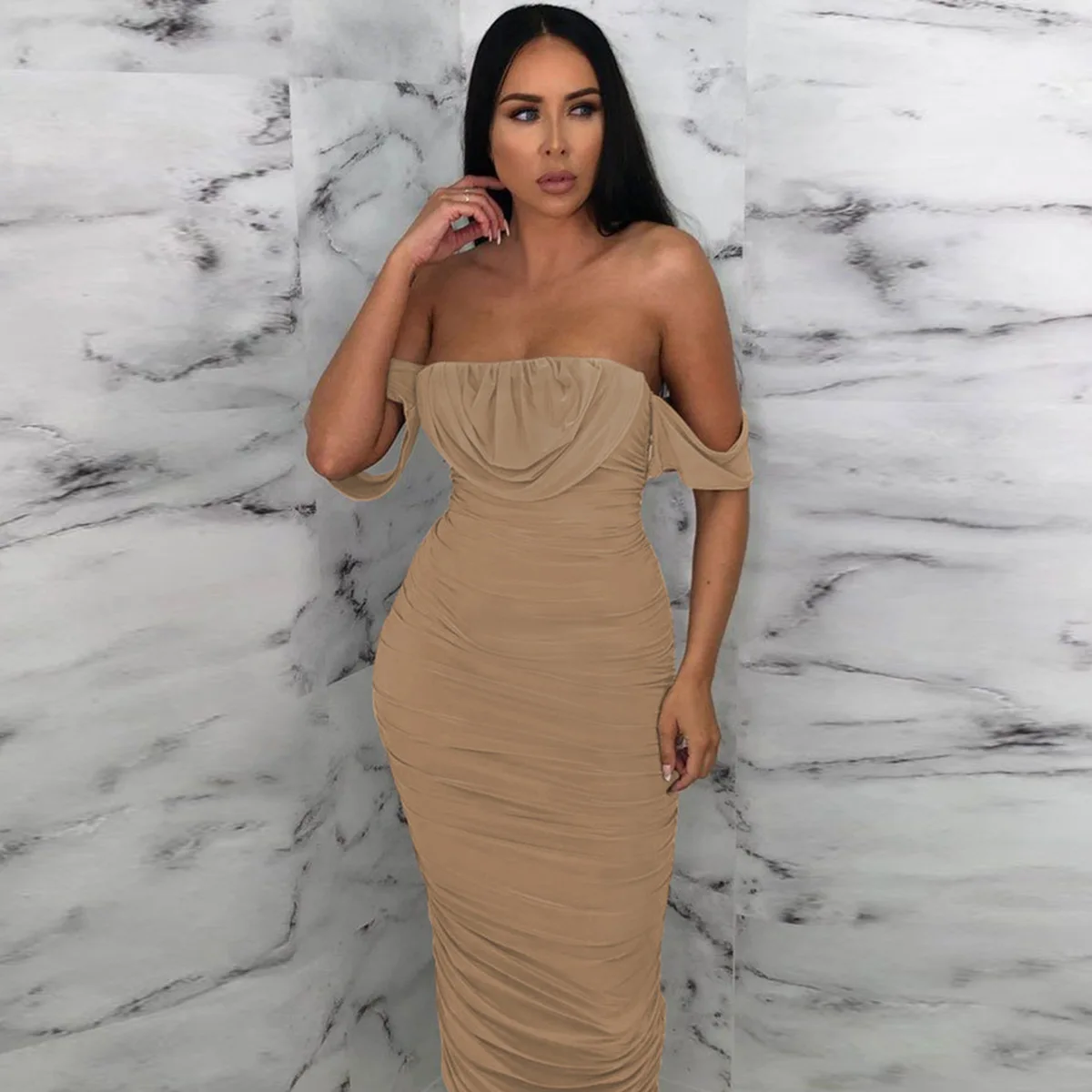 

2022 Women Front Stacked Bodycon Dress Sexy Party Club Pleated Hip Tight-Fitting Off Shoulder Backless Dress