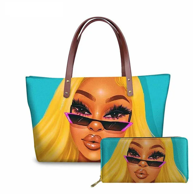 

2021 high quality lady fashion black art african girl's printing 2pcs set tote handbags females bolsas purse girl hand bags, 31colors