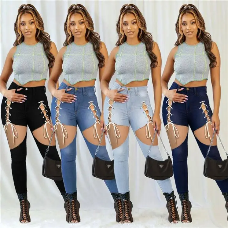 

JEAN Best Seller Bandage Hollow Out Woman Pants 2021 Womens Trousers Jeans Womens