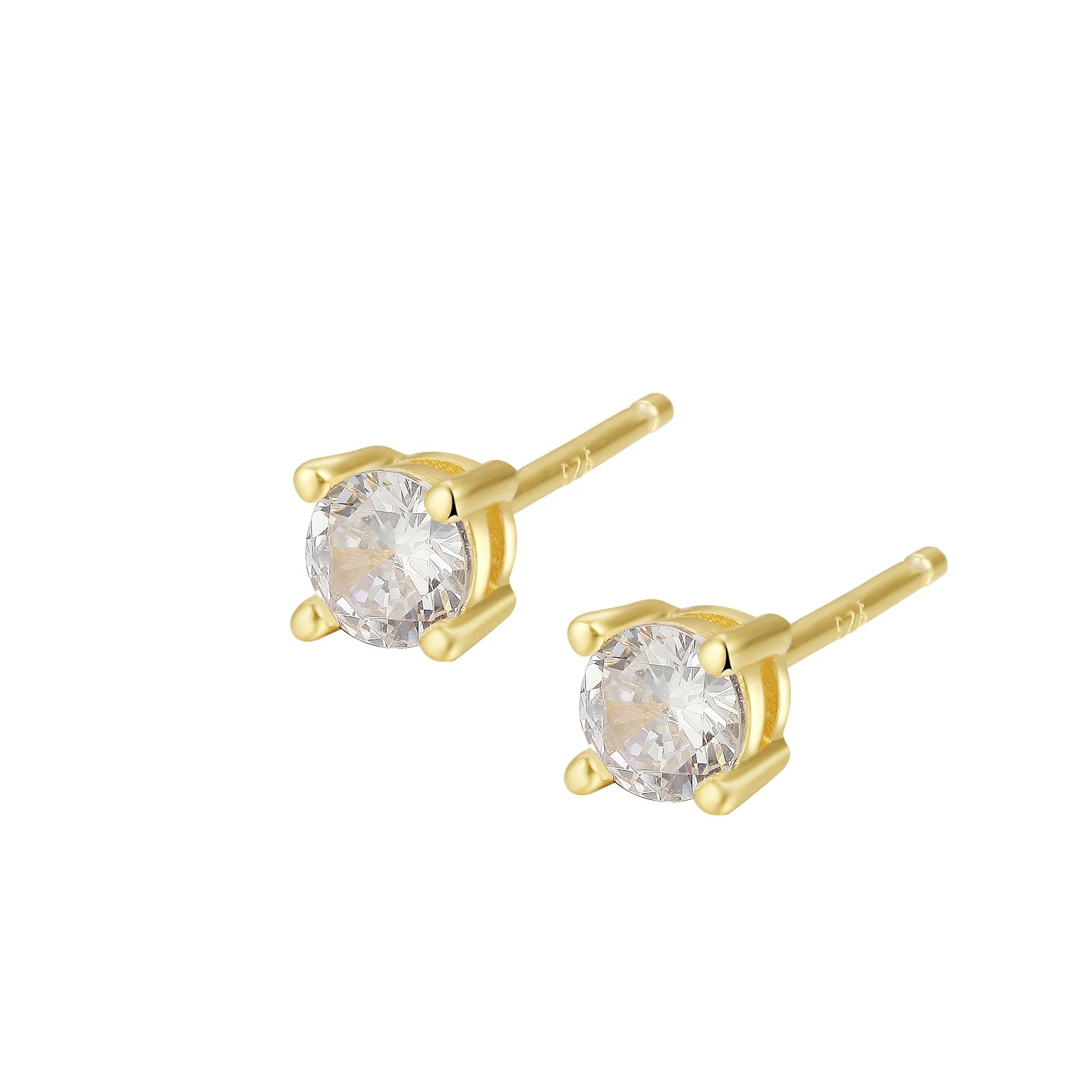 

18K Gold Plated 925 Silver Women Jewelry 4mm Round CZ 5A Big Diamond Stud Gold Earrings Design