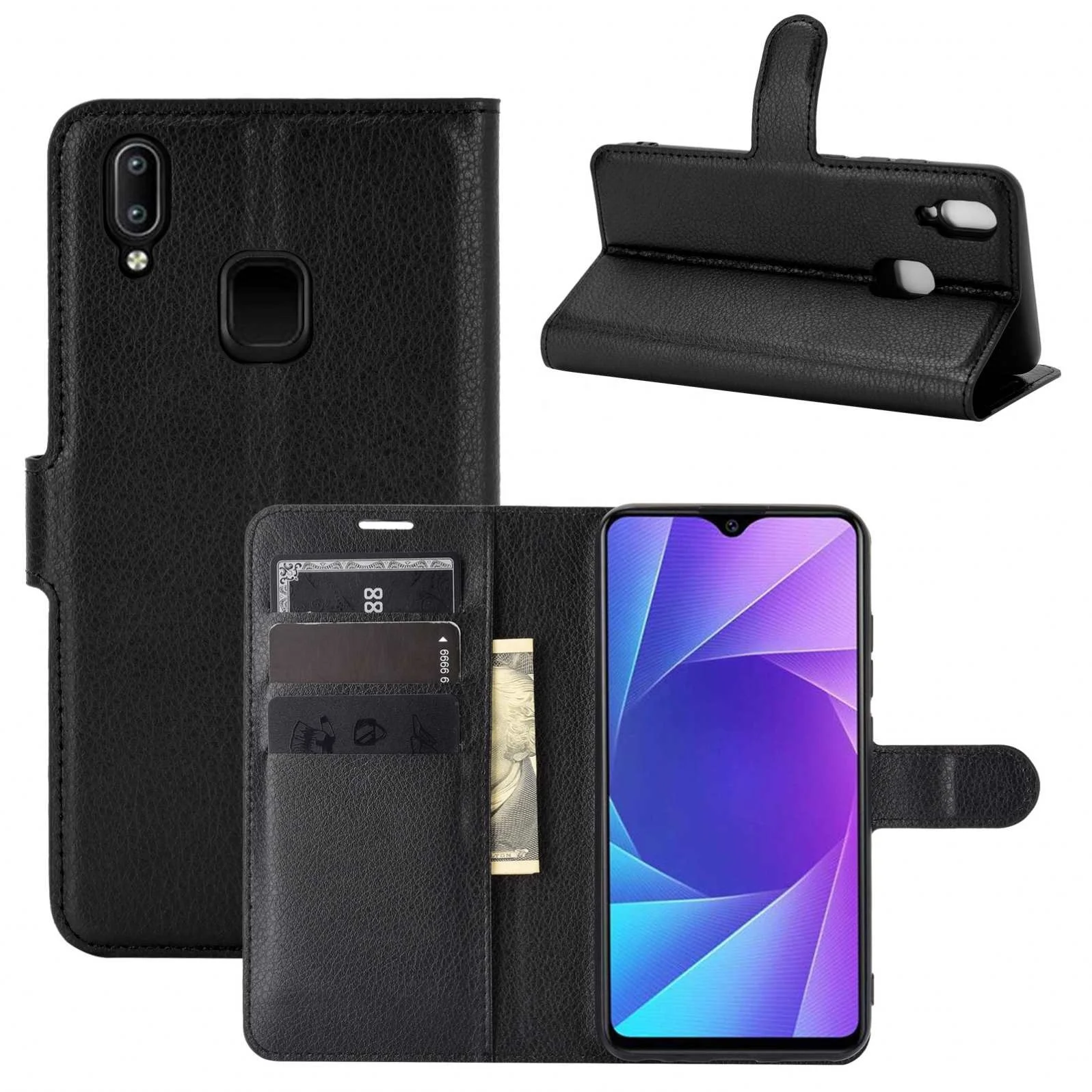 

For Vivo Y95 Phone Case Mobile Cover Back Stand With Card Holder Flip Leather Wallet, Black brown