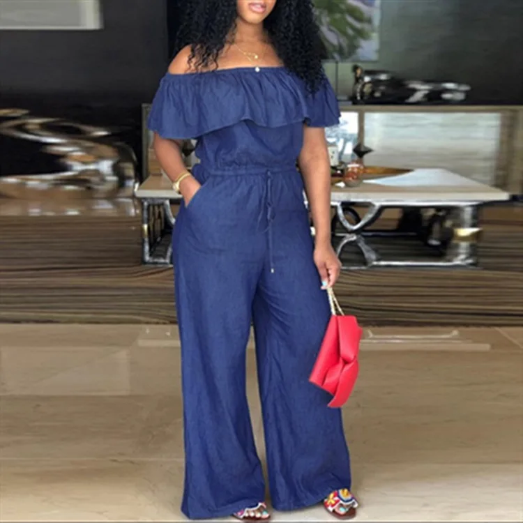 

M-6XL Fashion New Solid Off Shoulder Long Romper Jumpsuit Bodycon Bodysuit Overall Wide Legs Lace up Overalls Trousers