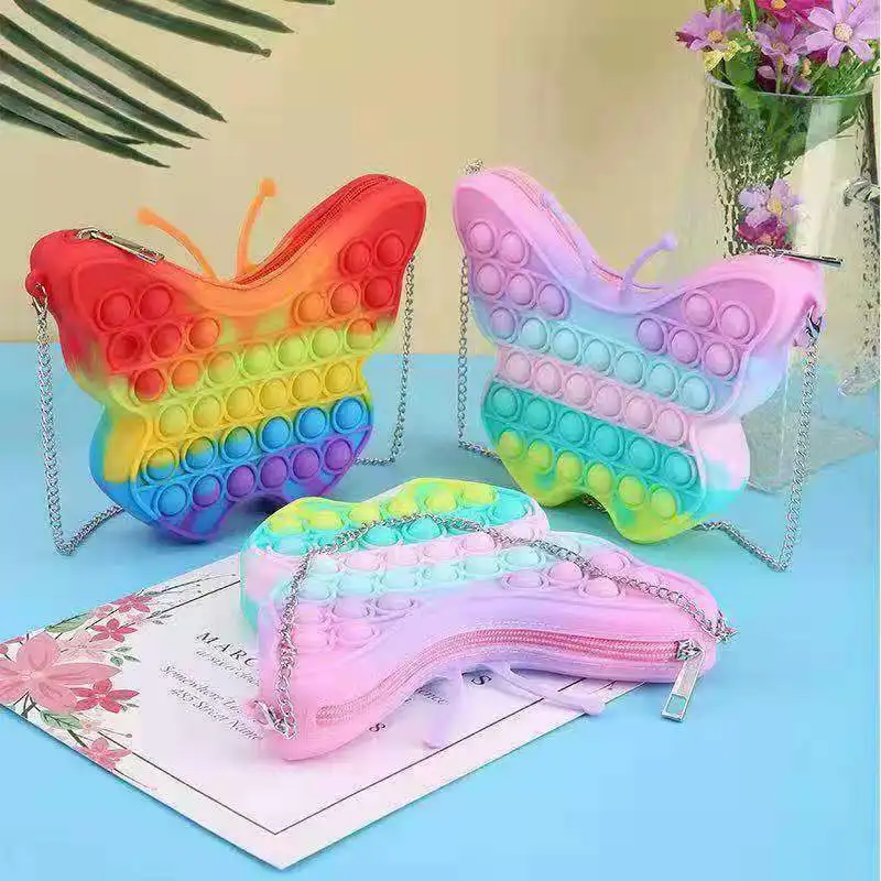 

Rainbow kids cross body shoulder bag bulks large silicone butterflies shaped genuine pop it coin purse