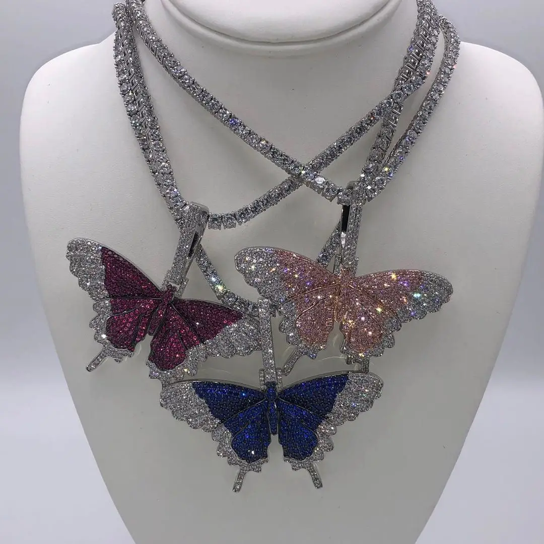 

2021 New design iced out bling women jewelry micro pave mix color cz pink red blue big butterfly necklace, Rose gold