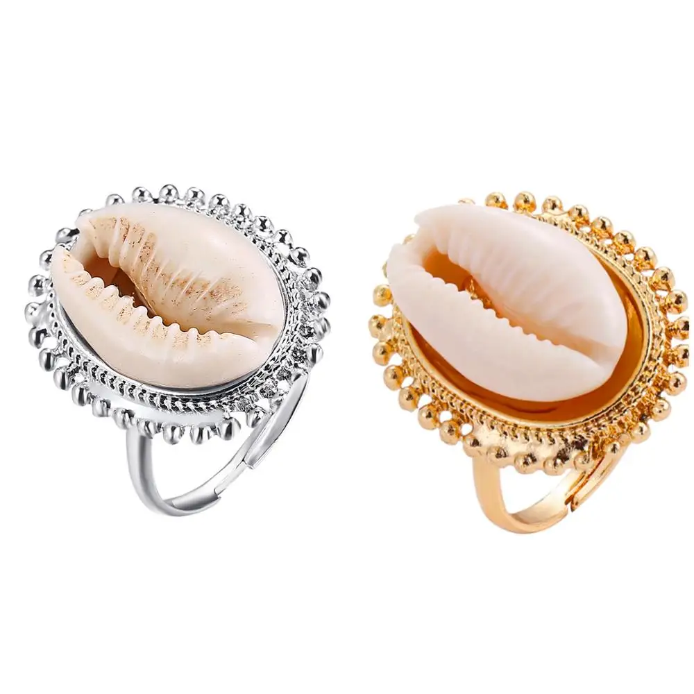 

Boho Beach Jewelry 18k Gold Silver Pedestal Sea Conch Shell Ring Adjustable Natural Cowrie Shell Ring
