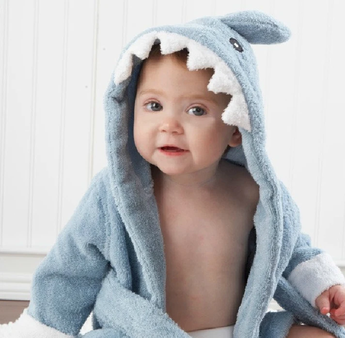 

pure cotton 0-36 months embroidered animal blue shark kids soft toddler bathrobe