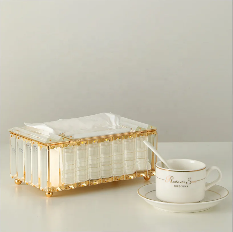 

Hotsale Napkins Home Hotel Bar Office European Cuboid Decorations Tissue Box Gold Crystal Tissue Box