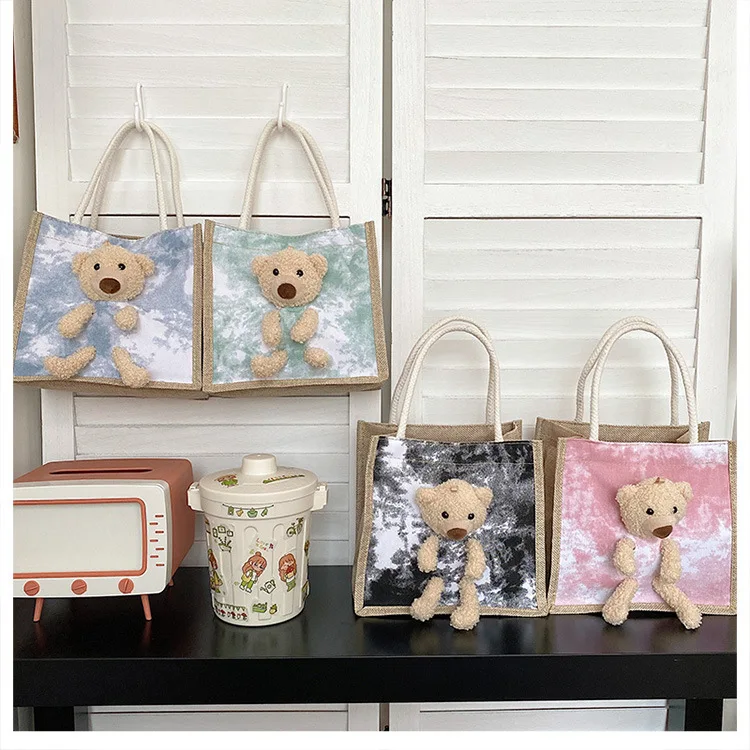 

Plush Bear Handbags Wholesale Outdoors Picnic Lunch Bag Tie Dye Print School Lunch Bag For Kids, Green, blue, black, pink