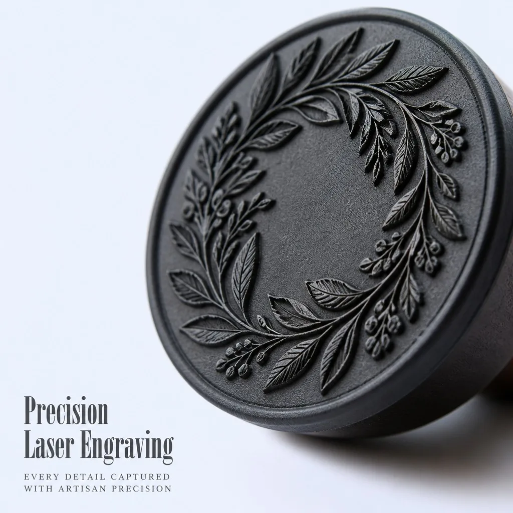 Precision Laser Engraving - macro close-up of deeply engraved botanical wreath on stamp face