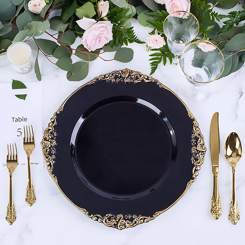 

antique silver white gold beaded black charger plates plastic wedding decoration dinner clear glass charger plate with black rim, Gold/black/silver/white