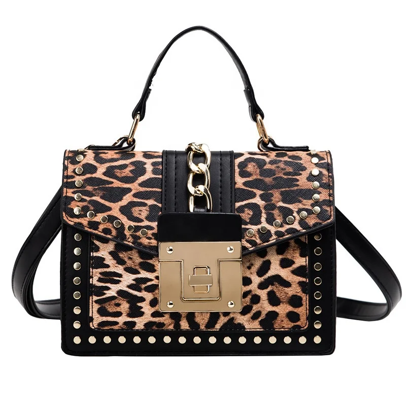 

Animal Print Leopard Cheetah Patchwork Rivet Handbag 2021 Spring Chain Dress Easy Matching Cross Body Party Bag Classic Tote Bag