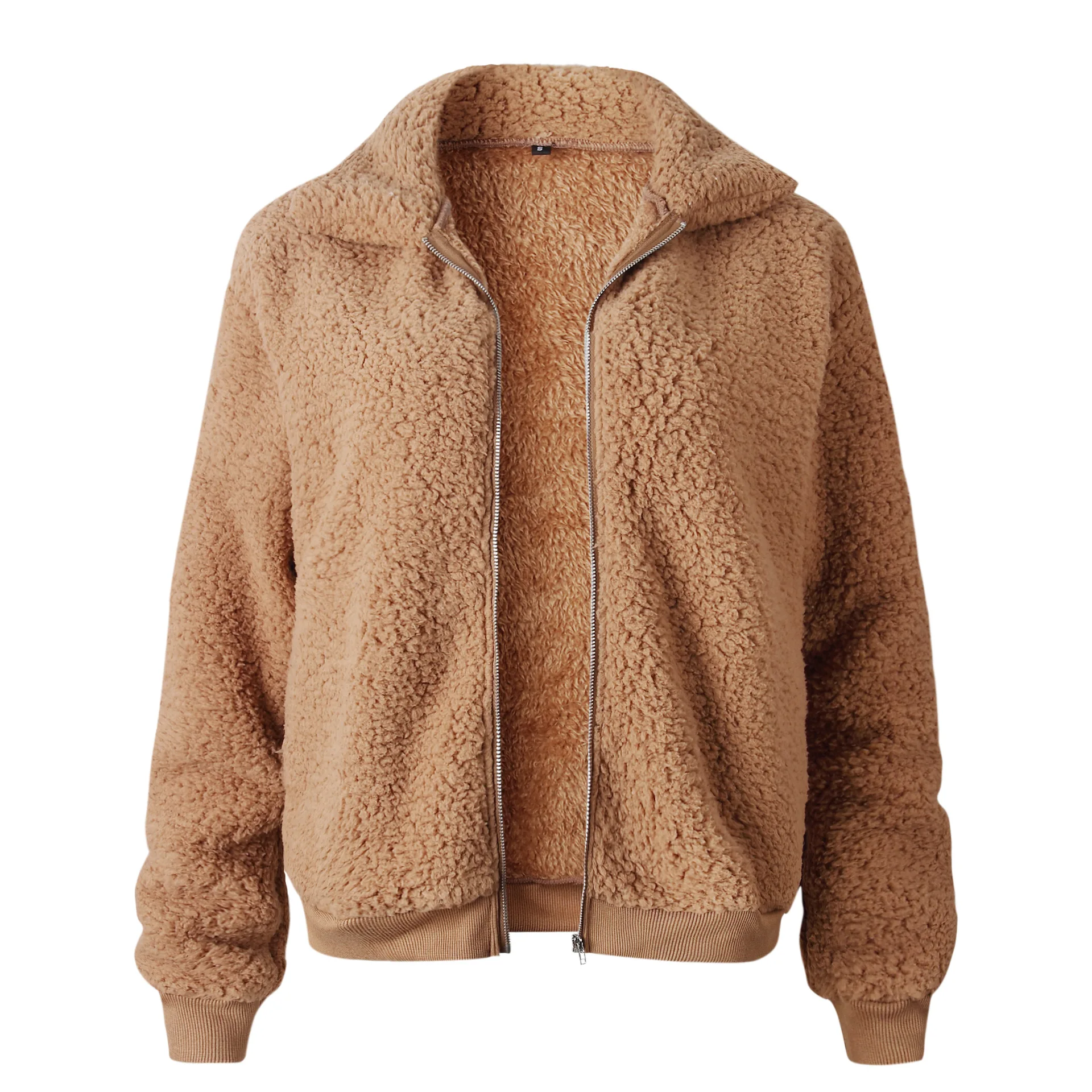 

Warm Winter Women's Fashion Long Sleeve Lapel Zip Up Faux Shearling Shaggy Oversized Coat Jacket with Pockets