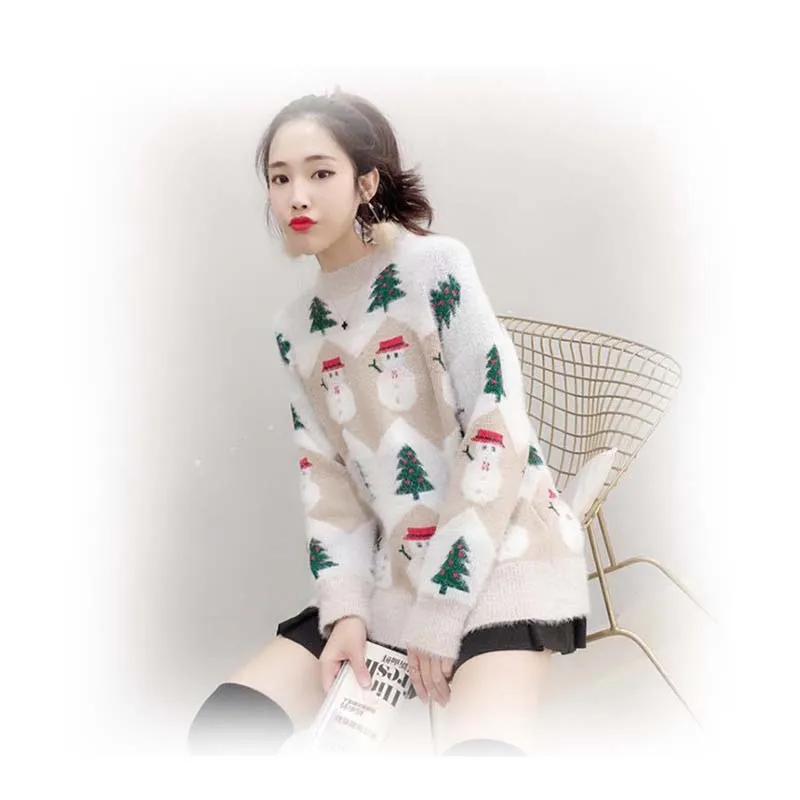 

Christmas Designs Fashion Autumn Winter Water Velvet Knitted Women Sweater Top Quality Long Sleeve Cartoon Women Blouse, Custom color