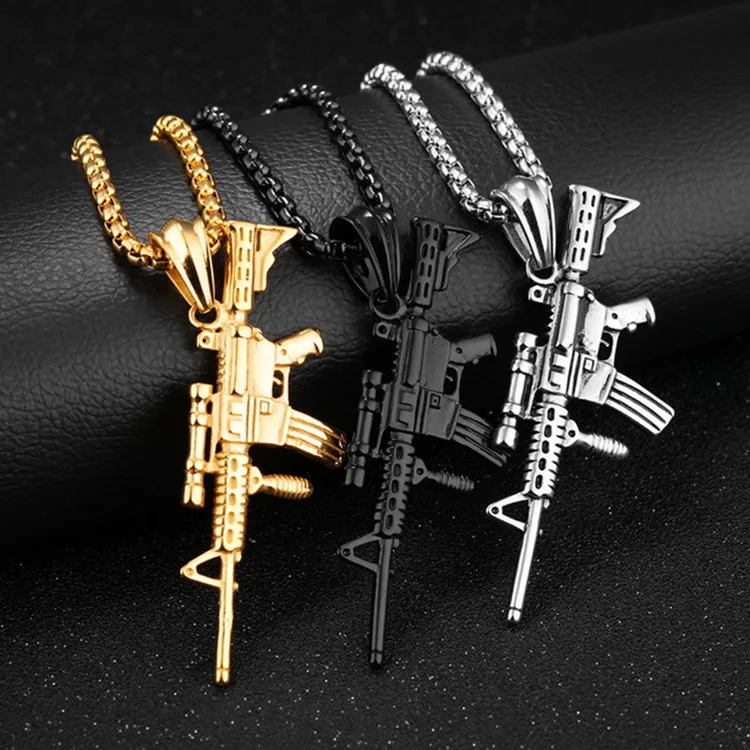 

Hip Hop Refined Stylish Iced Out Gold Silver Color Alloy M4A1 Gun Pendants Necklace For Men Rapper Jewelry, Picture