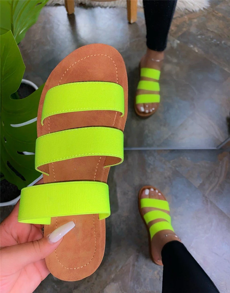 

Summer Women Flat Slides Female Bandage Designer Lady Neon Green Sandals Beach Wear Holiday Shoes