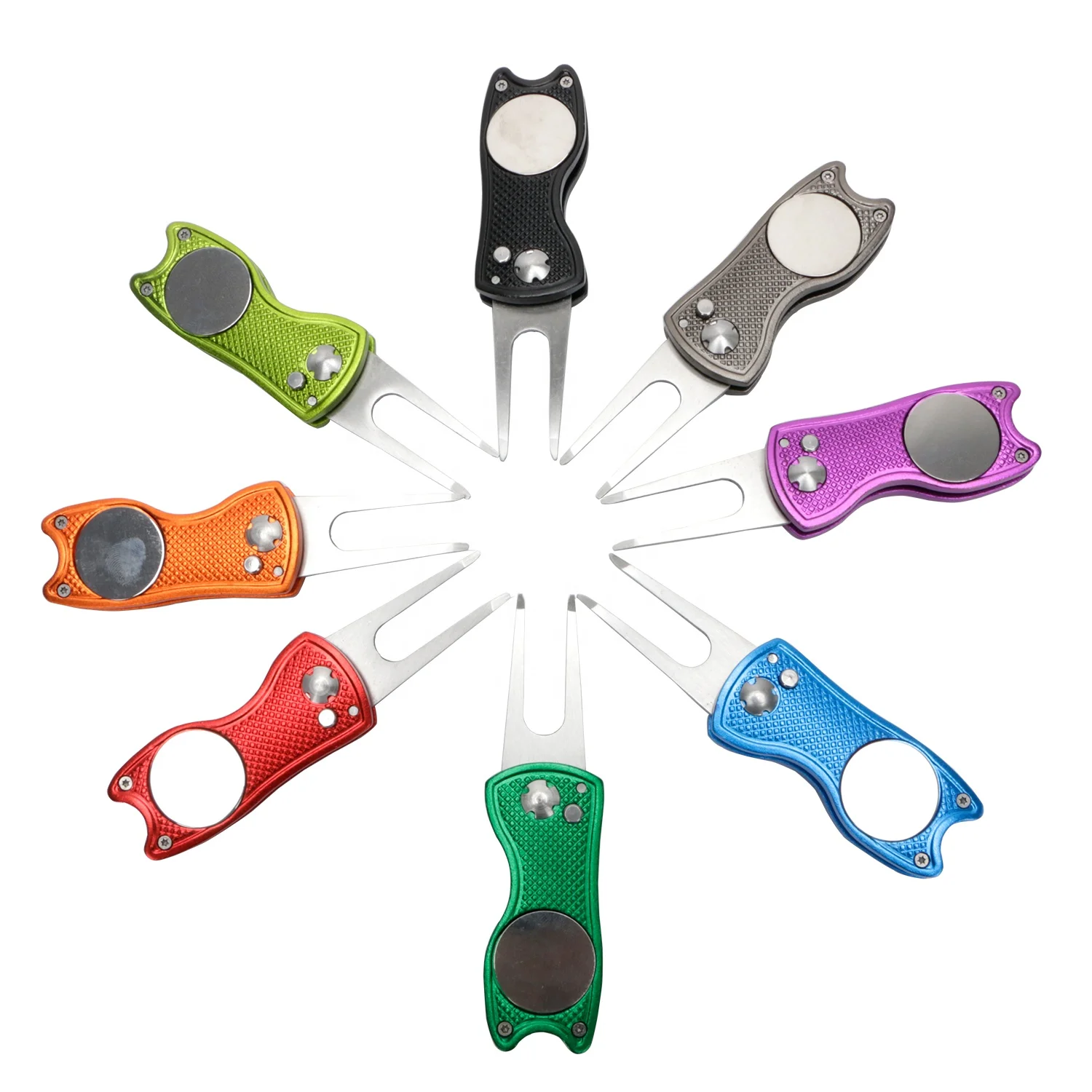 

Wholesale Customized high quality golf divot tools with golf ball marker, Black ,orange, pink ,red silver green, blue ovit