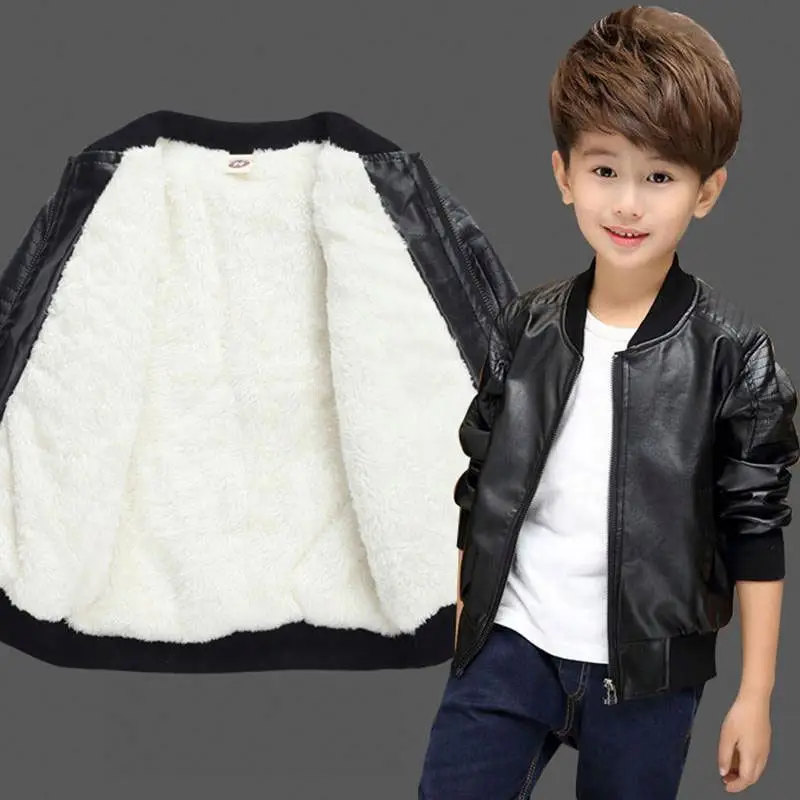 

Top Quality Children's Leather Coat Winter Warm Packable Puffer Kids Down Jacket, Black/brown leather jacket