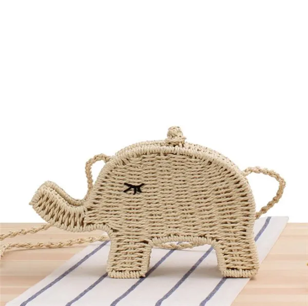 

Kid Cute Elephant Shape Straw Bags Rattan Hand Weave Bag Summer Beach Cooler Handbag