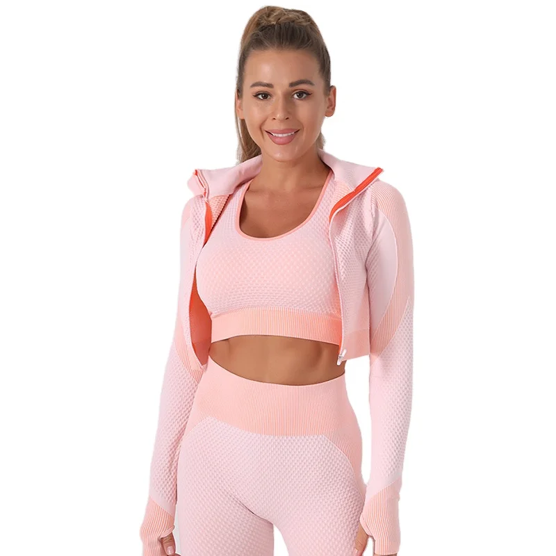 

Women Long Sleeve Seamless Yoga Sports Suit Stretch Gym Suit Zipper Top Sweatshirt Three Pieces Set