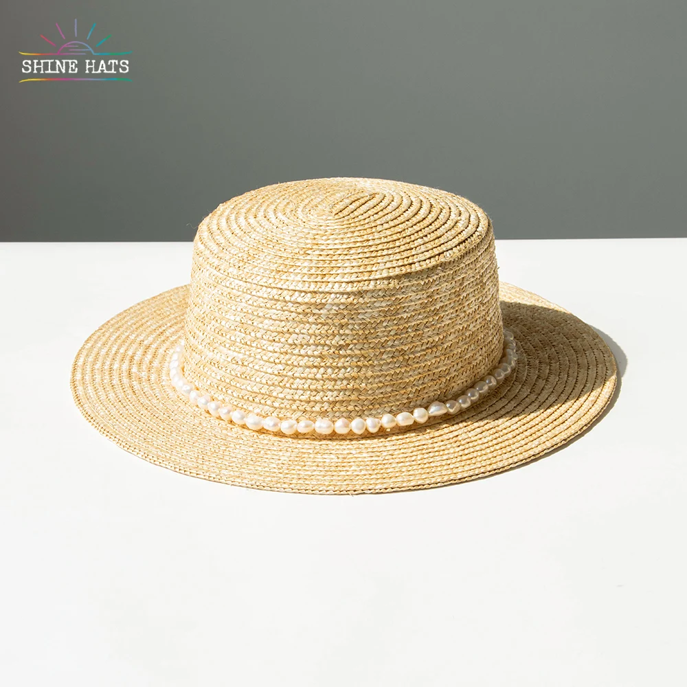 

Shinehats luxury wheat boater women straw hats custom ladies beach hat sun summer sombrero with pearl accessories