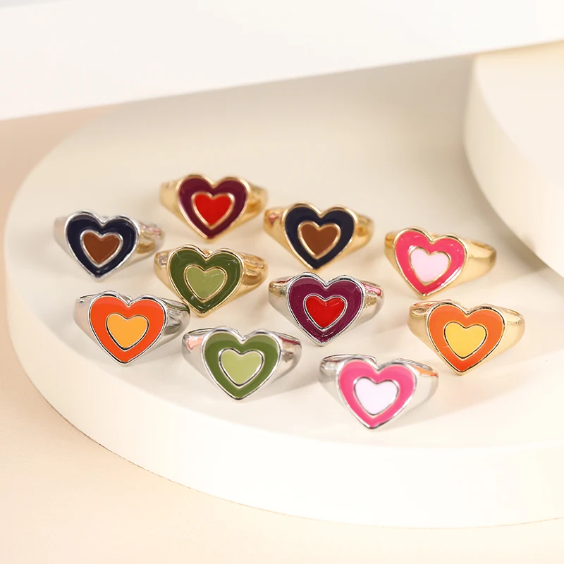 

17KM Trendy Vintage Double Layer Dripping Oil Enamel Heart Opening Metal Rings Friendship Jewelry, Gold