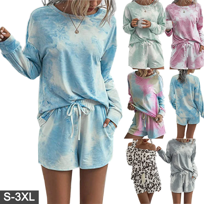 

Wholesale Two Piece Sleep Wear Sets Crew Neck Lounge Wear Women Sleepwear Tie Dyed Cotton Pj Sets Custom Pajamas for women set, Picture shows
